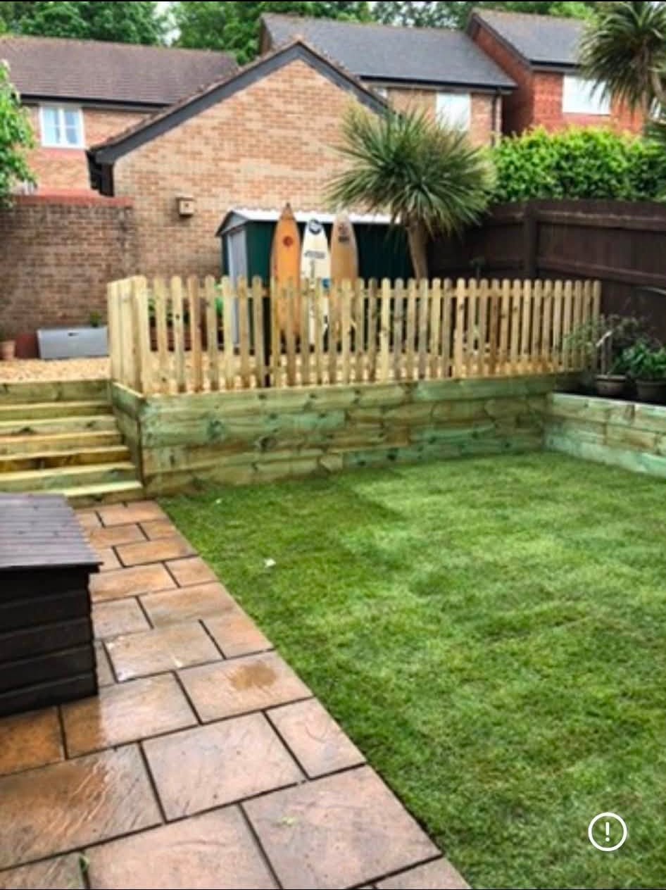 Garden transformation with patio, lawn and fencing